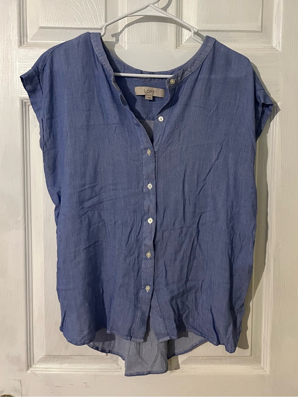 LOFT Blue Button-Front Cap Sleeve Blouse